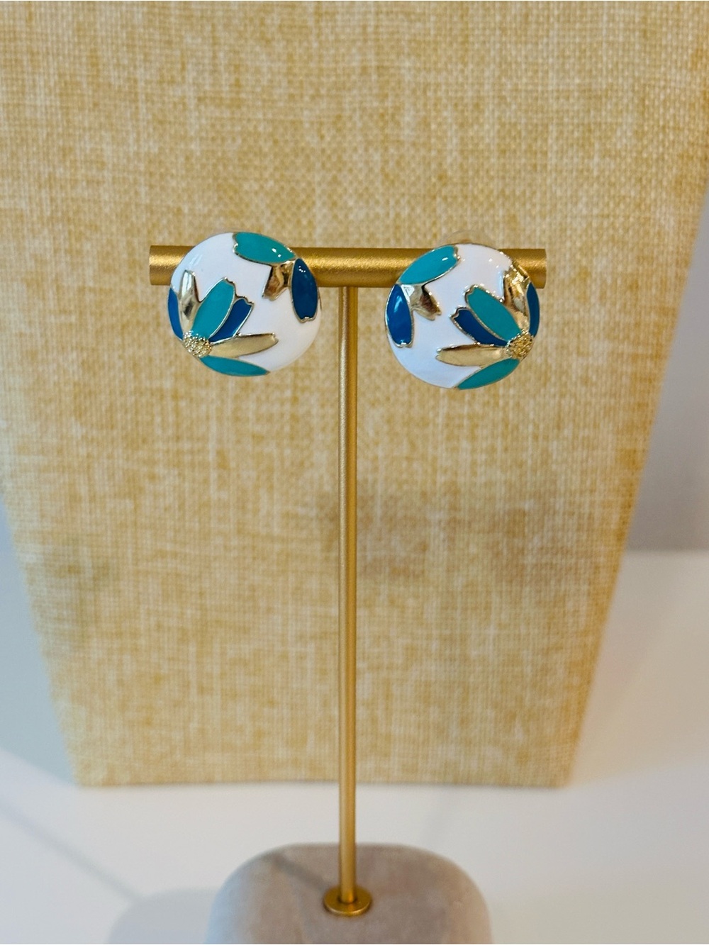 Fashion Jewelry White Enamel Button Earrings with Teal and Blue Floral Accents
